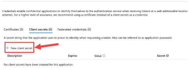 Certificates & secrets page with New client secret button