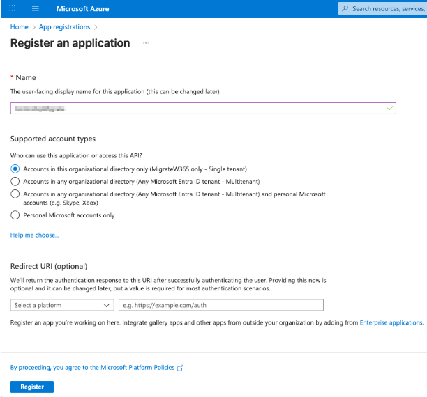register an application page