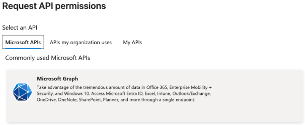 request api permissions page with Microsoft graph option