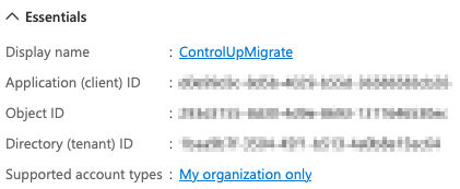 values for migration setup showing display name, application ID, object ID, directory ID, and supported account types