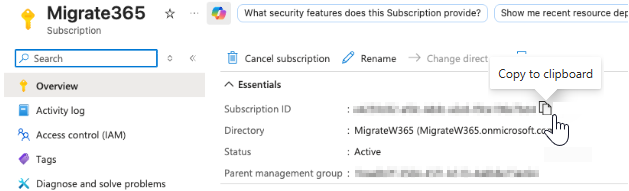 Subscription ID is copied to clipboard