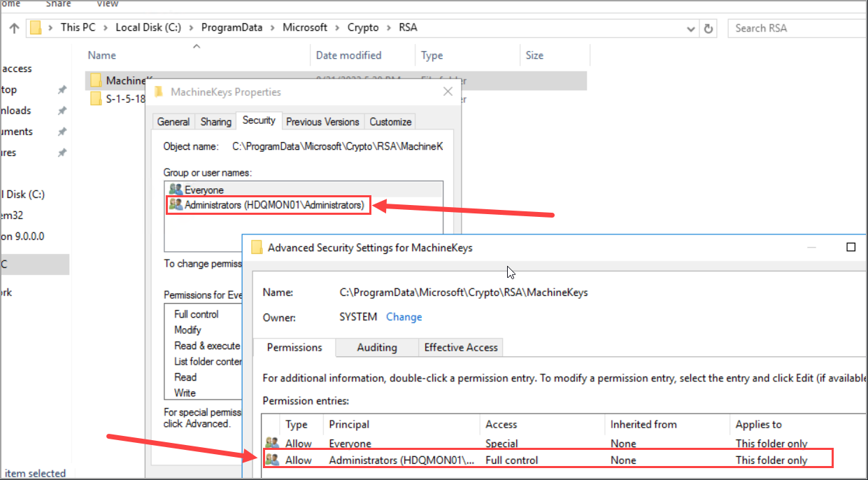 Desktop folders on monitor machine displaying default NTFS permission