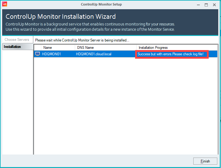 Controlup monitor installation wizard displaying error message "Success but with errors. Please check log file!"