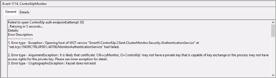 Event Log displaying monitor installation error details