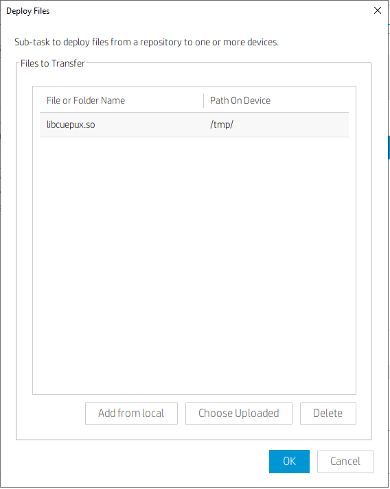 Deploy files dialog box showing file name and path on device