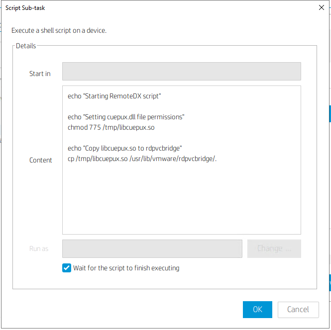 script sub-task window showing the script text provided above in 'Content' field with OK button selected