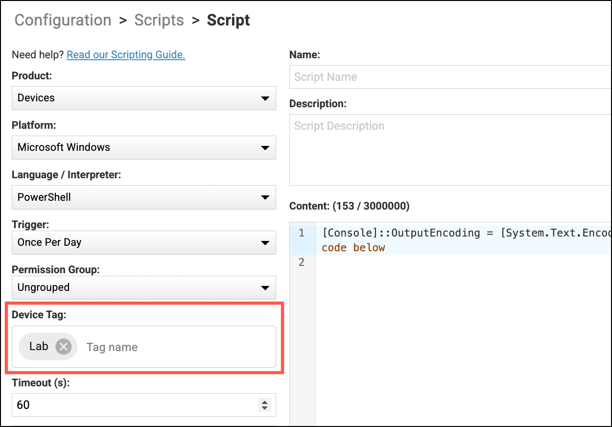 Script configuration window with device tag applied to a script