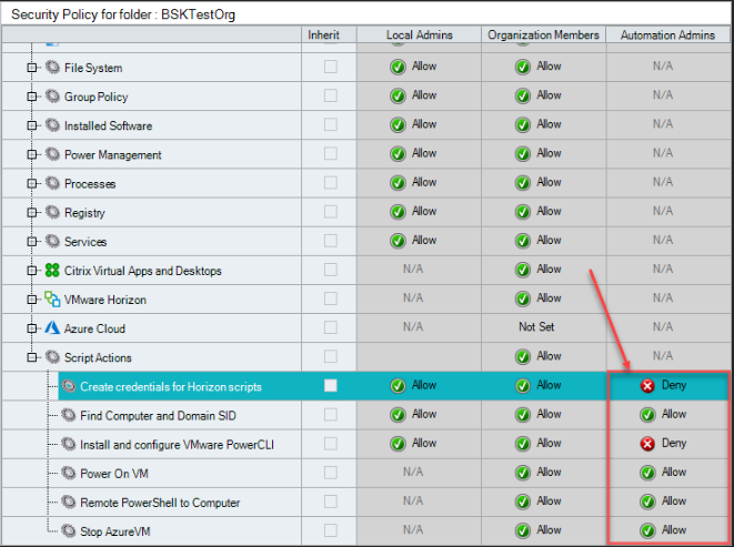 Security Policy screen with the Script Action permission row selected