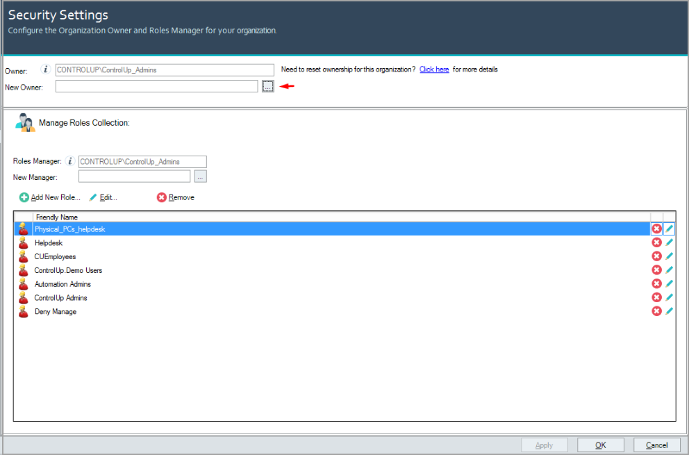 Security Settings window showing the New Owner field highlighted