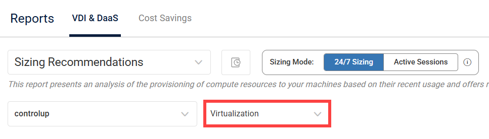 Sizing recommendations report folder dropdowns, the second dropdown in the report is highlighted and says 'Virtualization'
