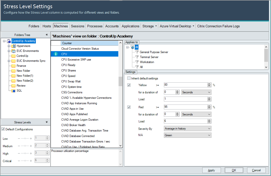 'StressSettingsCPU' window. The 'Yellow' and 'Red' threshold settings for a folder are displayed.
