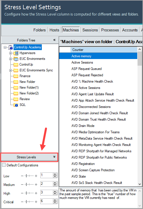 'Stress Level Settings' window. The Low/Medium/High/Critical thresholds section is highlighted.