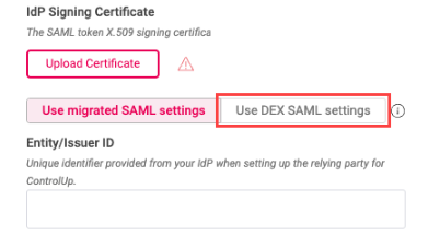 Use DEX SAML settings screen
