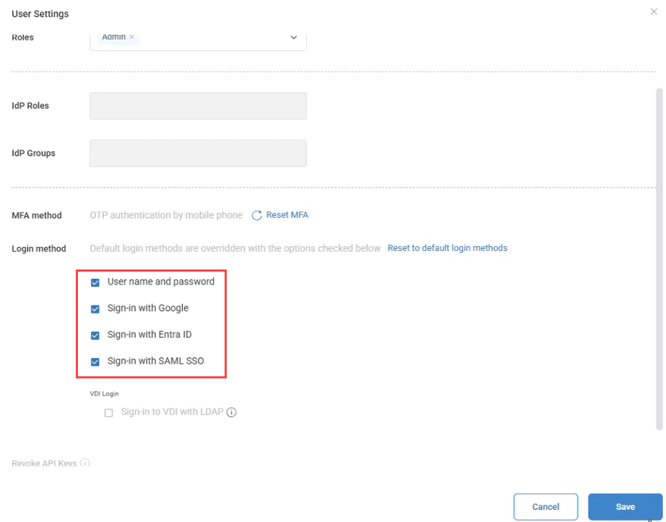 user override login methods all selected