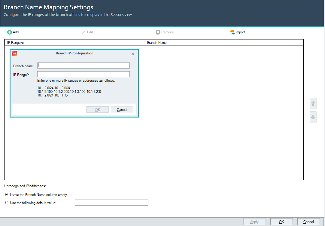Branch Name Mapping Settings page with Branch IP Configuration window open