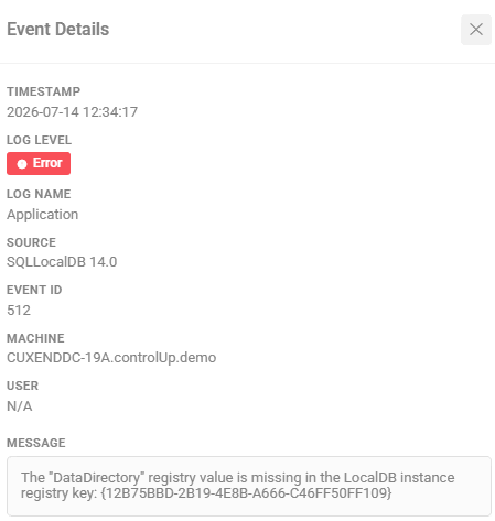 event details panel showing event log metadata for an error log