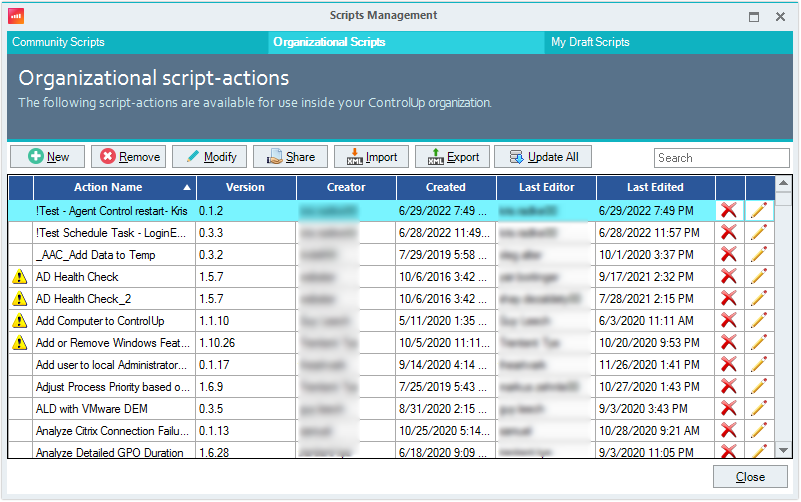 Scripts Management window with Organizational Scripts section displayed