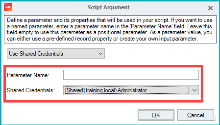 Script Argument dialog box with use shared credentials option selected