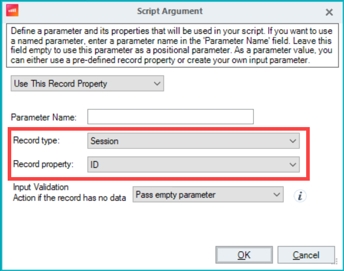 Script Argument dialog box with use this record property option selected