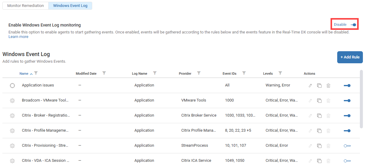 windows event log settings page with the disable toggle selected