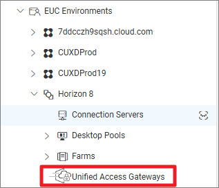 VDI web UI folder tree with open folders EUD environments, horizon 8, and unified access gateways selected