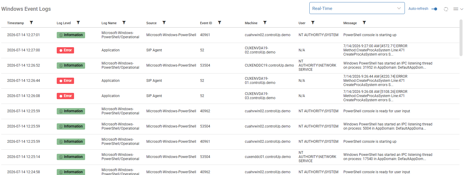 windows event logs page showing windows event logs list