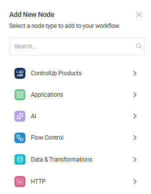 Add new node sidebar showing categories of nodes