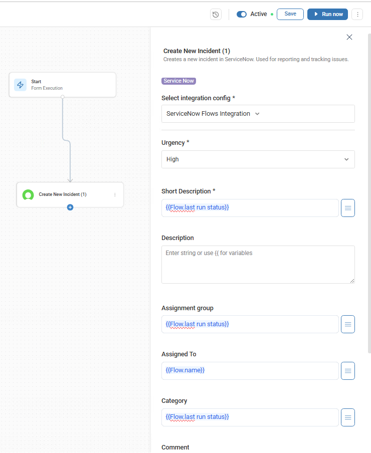 ServiceNow Create New Incident action configured in a flow