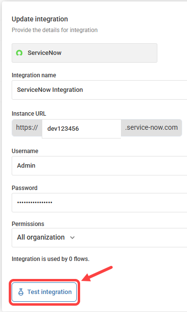 Update integration popup showing test integration button