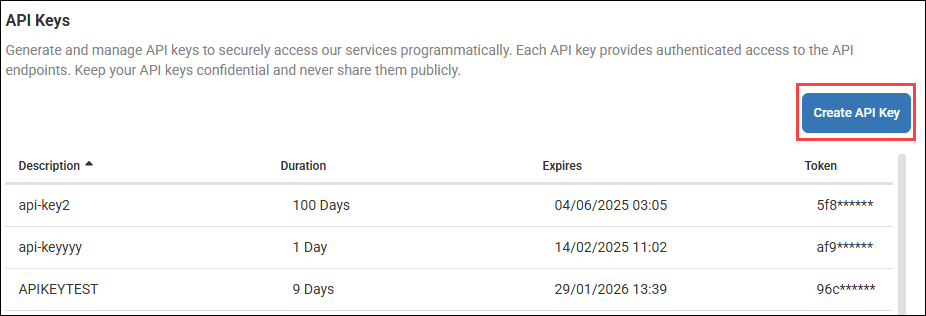 API keys page