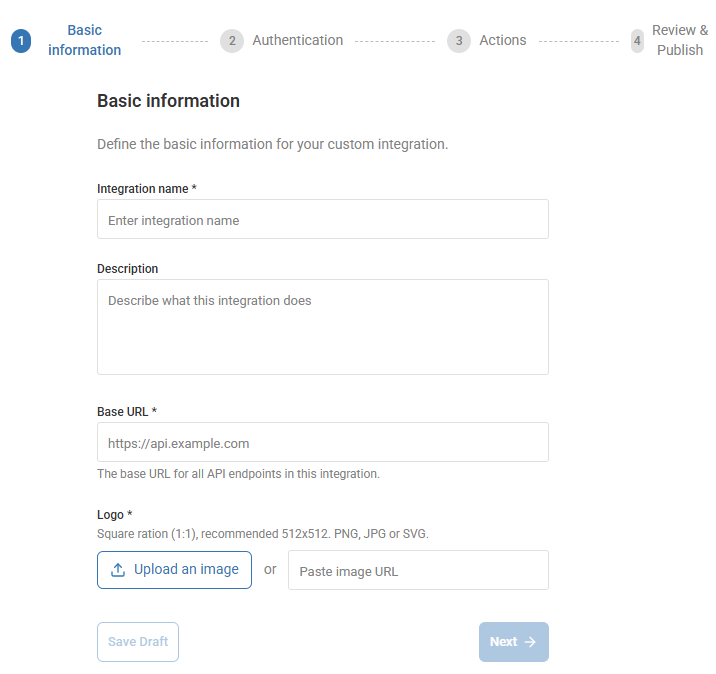 create custom integration basic information step