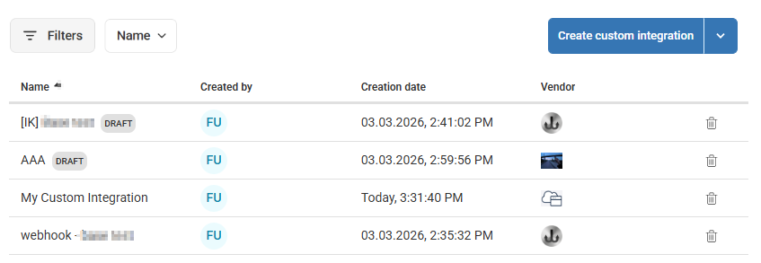 custom integrations page listing 4 custom integrations