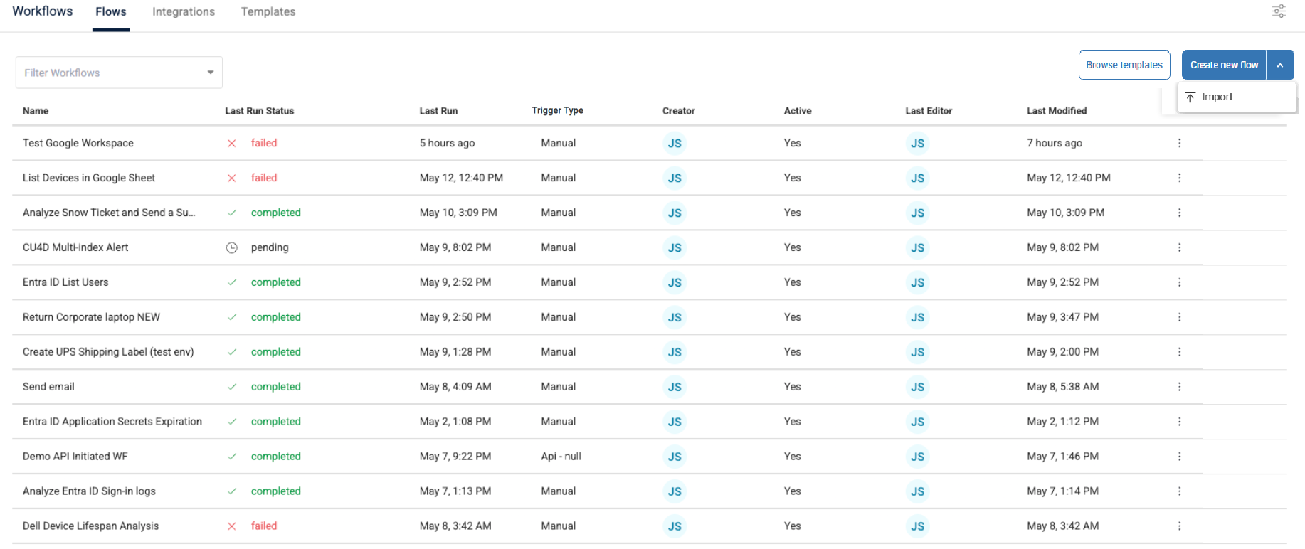 Flows tab list of flows