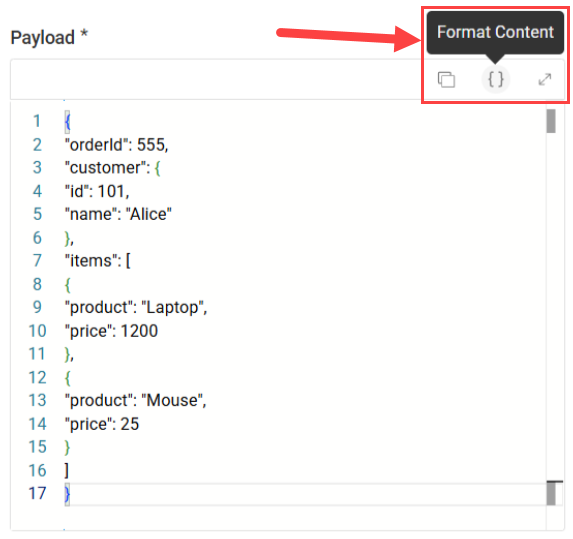 node payload showing format content option