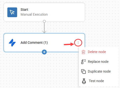 Click ellipsis to delete, replace, duplicate, or test node in workflows
