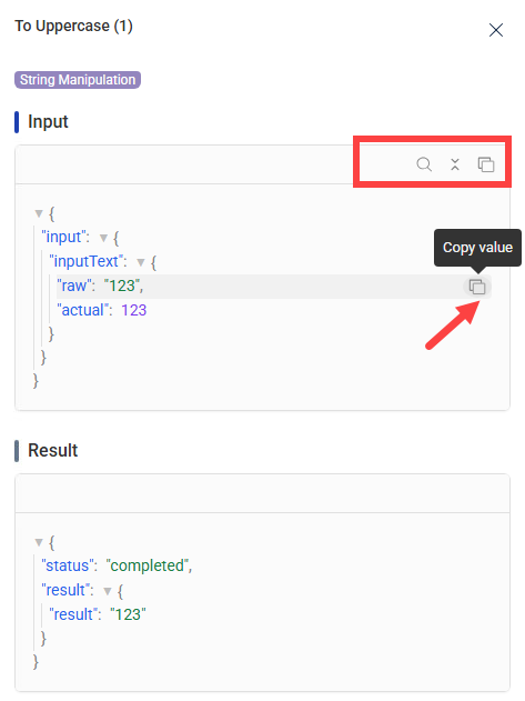 to uppercase action node showing new Input and Result variables UI options with copy value selected
