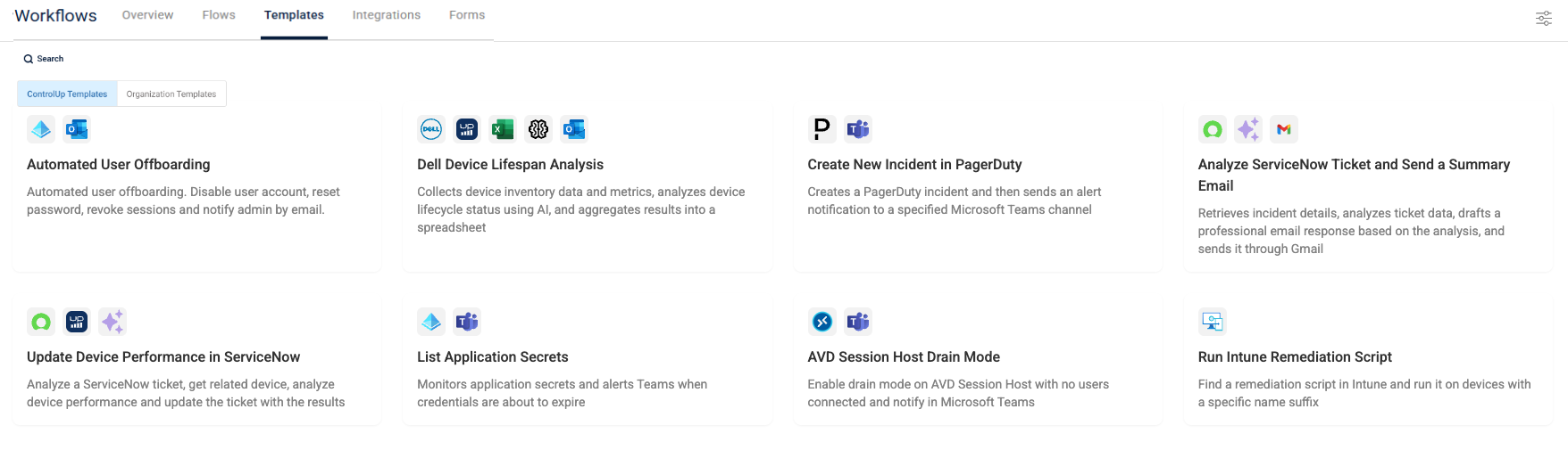 Workflows templates tab with out-of-the-box templates described