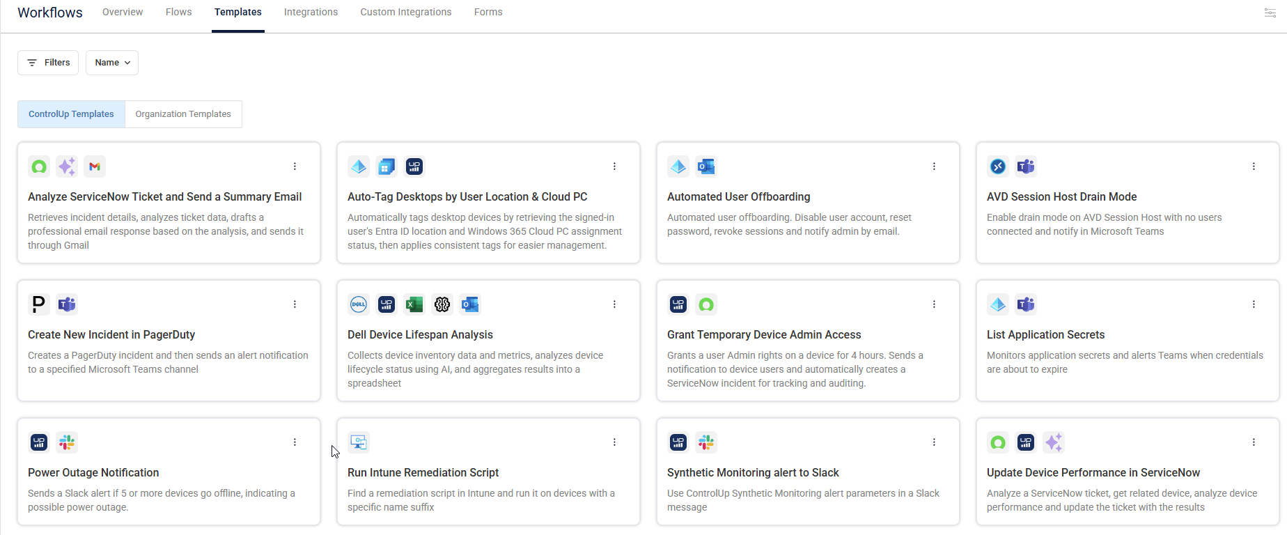Workflows templates tab with out-of-the-box templates described