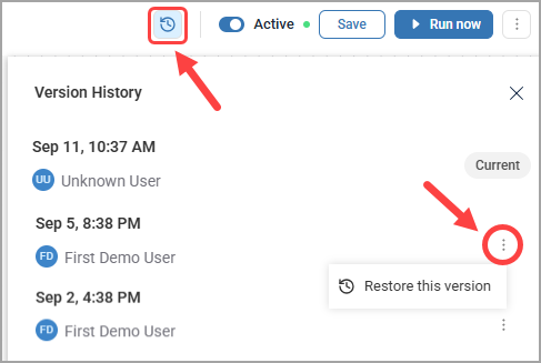 Version history dropdown showing current and new versions of flow