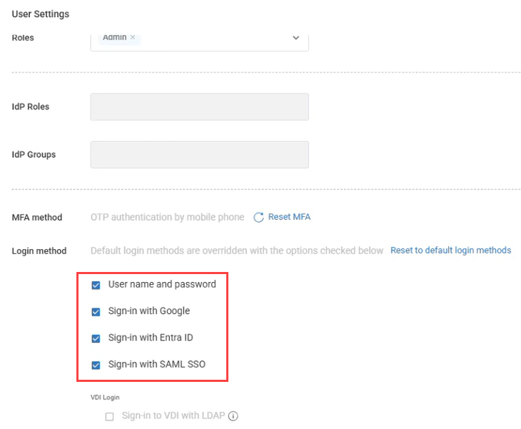 user override login methods all selected