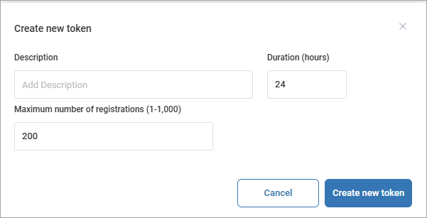 Create new token popup window