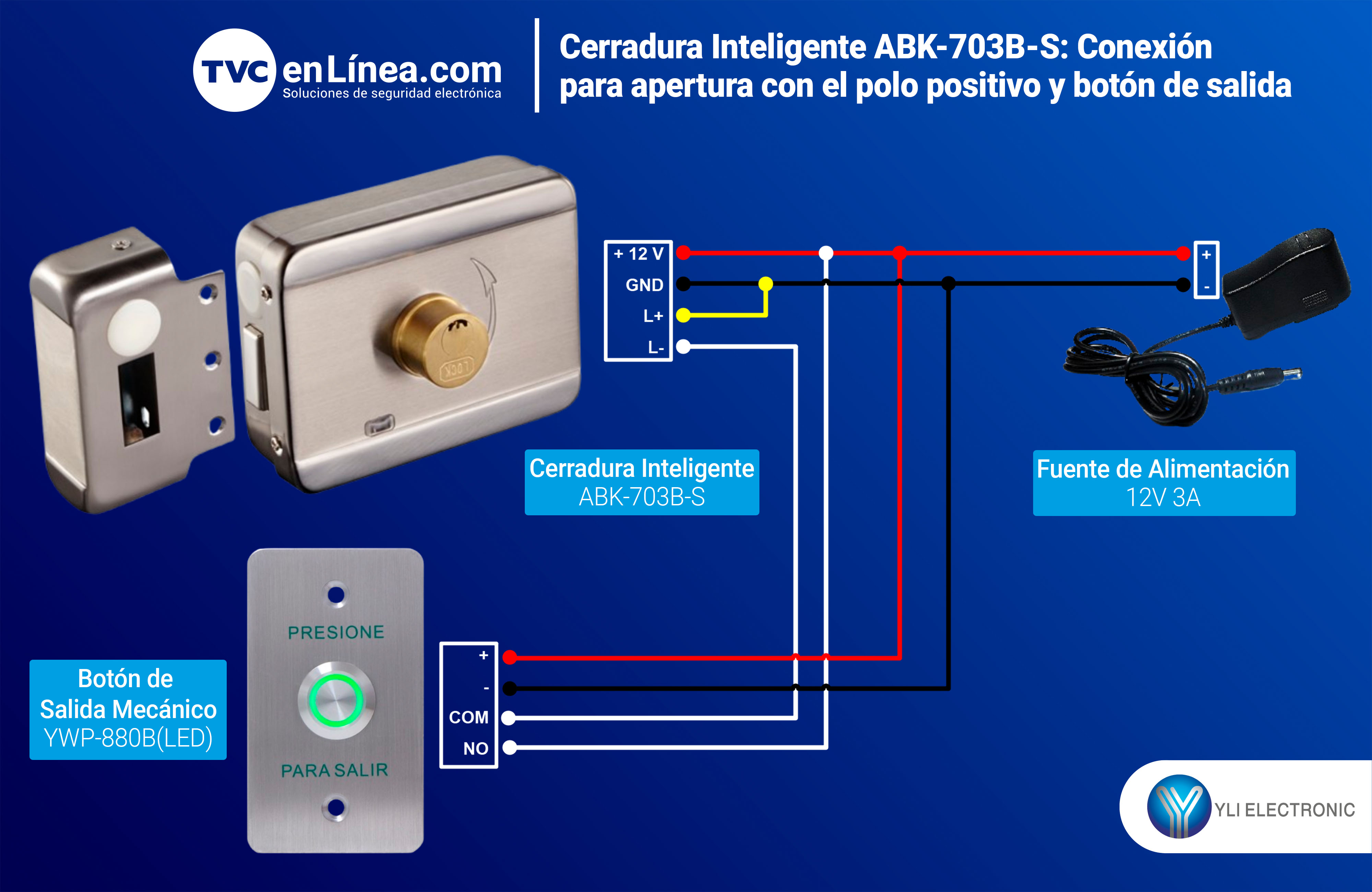 Cerradura Inteligente ABK-703B-S Conexión para apertura con el polo positivo y botón de salida