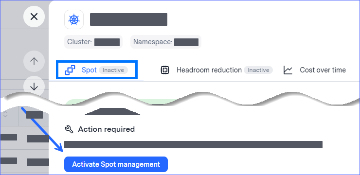 Interface showing inactive Spot management with action required for activation.