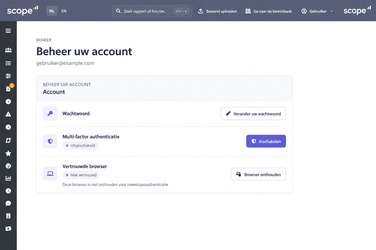 Accountscherm met de status van multi-factor authenticatie en de knop Inschakelen