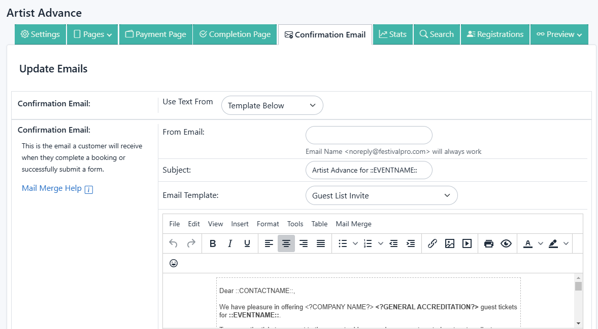 Confirmation Email Tab