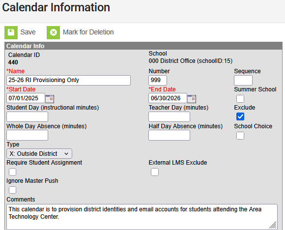 Screenshot of Calendar Information for a RI Provisioning Only calendar.