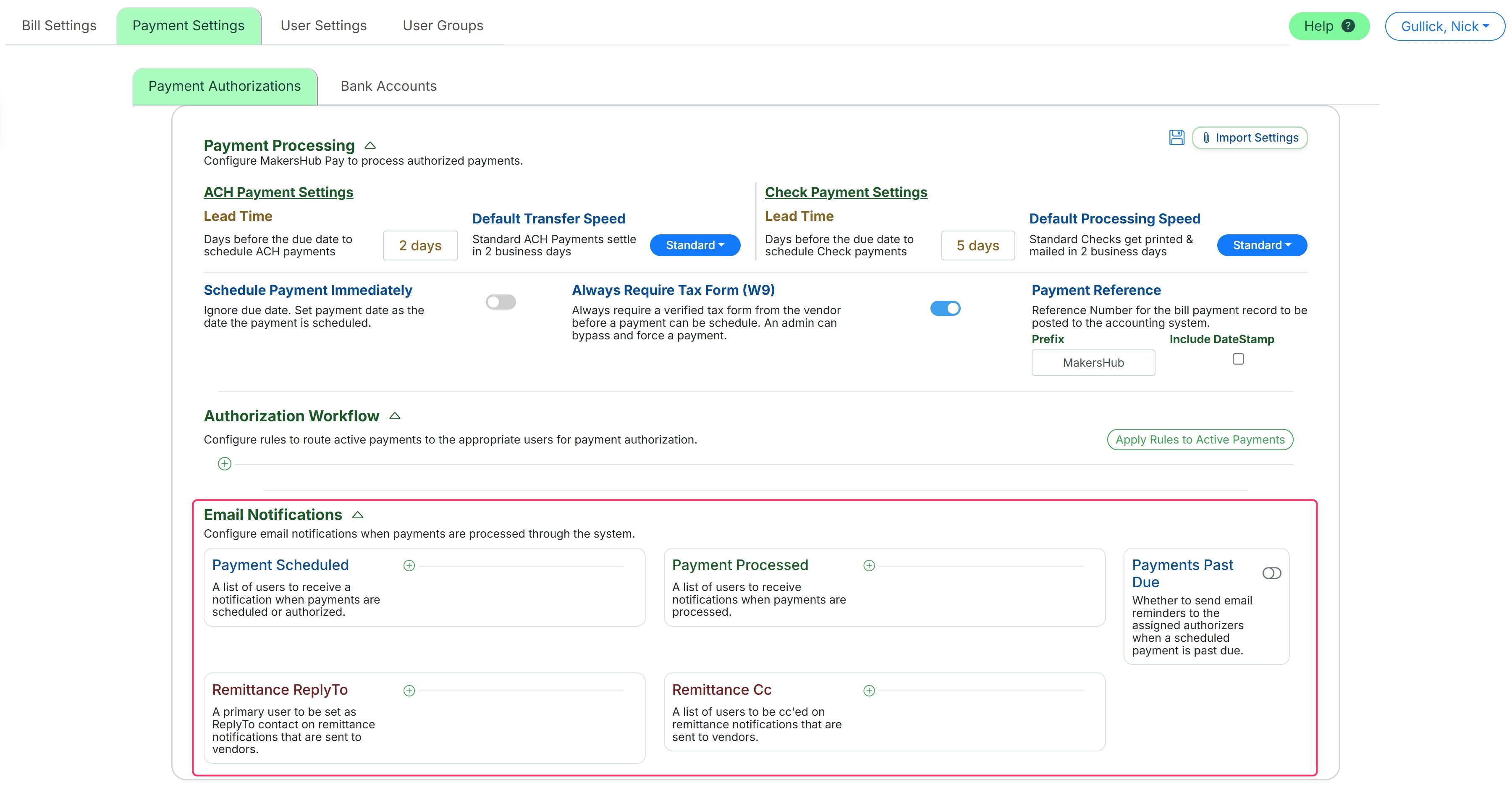 Remit Notifications Payment Settings