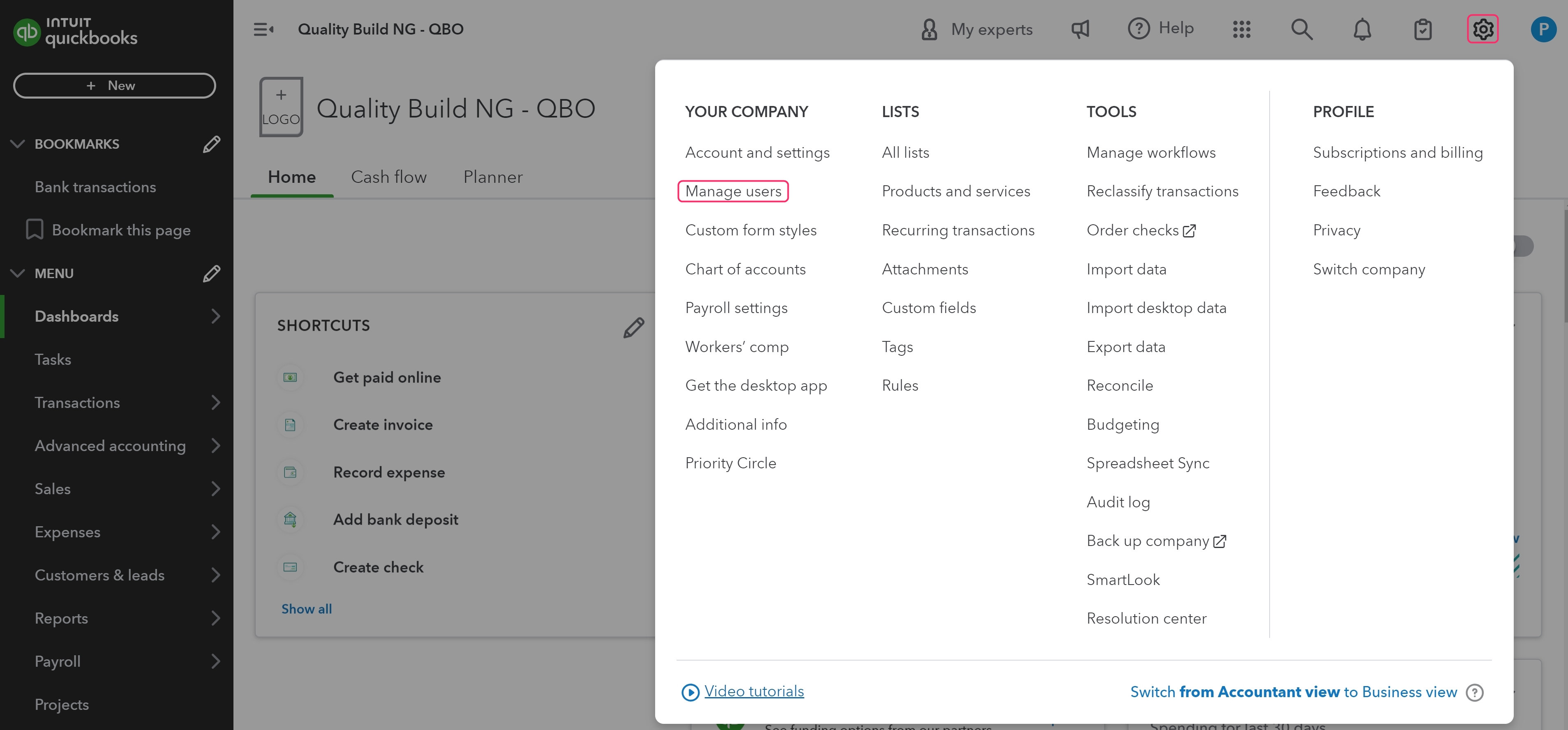 Creating Admin User QuickBooks Online