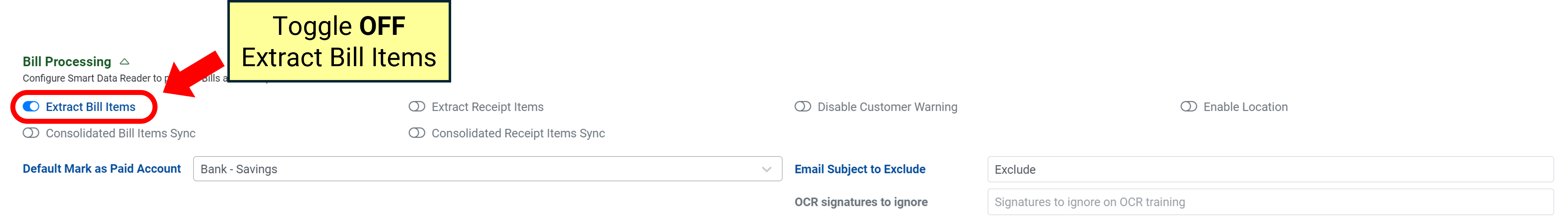 Toggle OFF Extract Bill Items