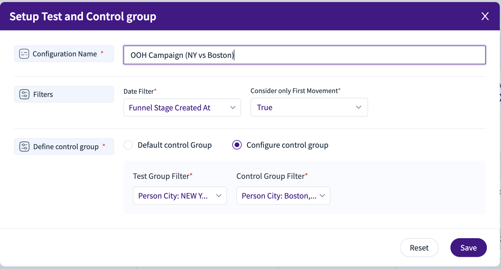 Setup for OOH Campaign comparing New York and Boston control groups and filters.
